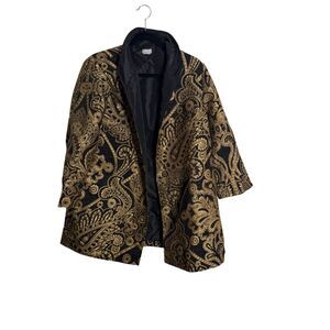 Chico's Travelers Women's Paisley Jacquard 3/4 Sleeve Jacket Black Gold Size 2/L